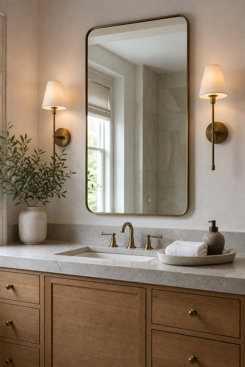 Bathroom vanity with warm sconces around a mirror