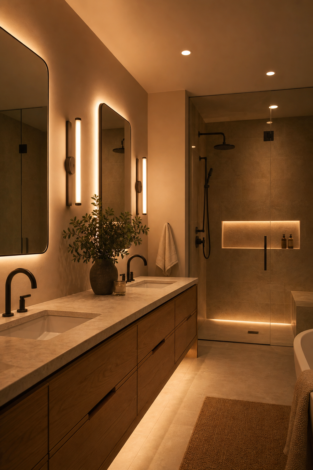 Modern bathroom with sconces, backlit mirror, niche lighting, and warm evening glow