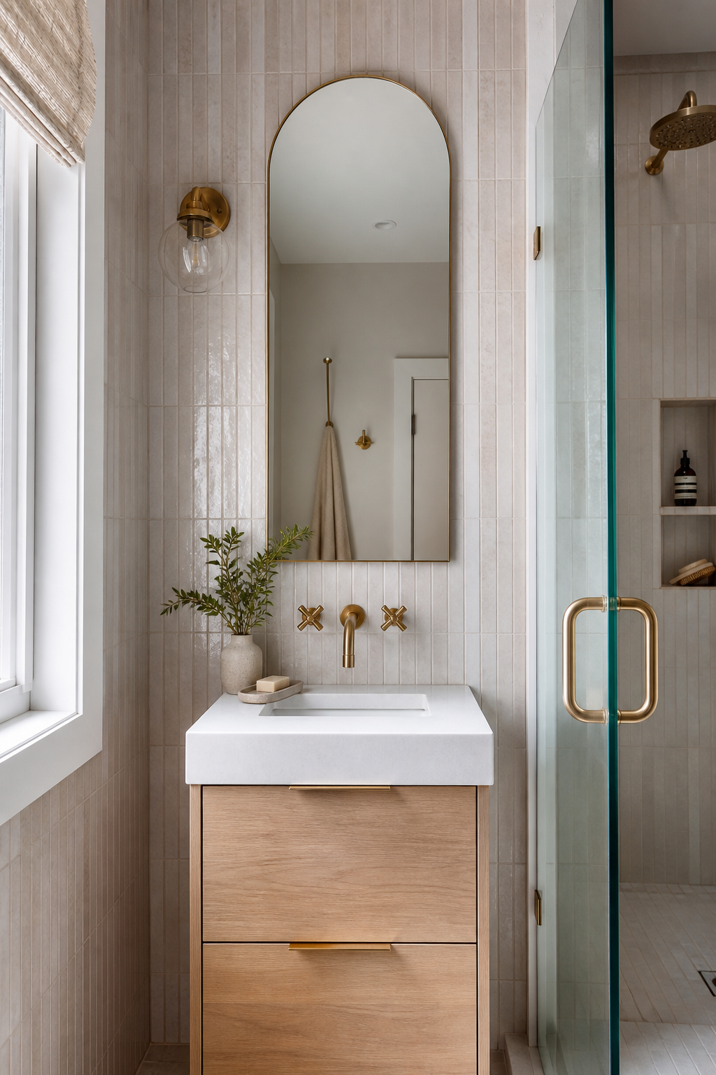 Small bathroom with pale vertical tile that makes the room feel taller