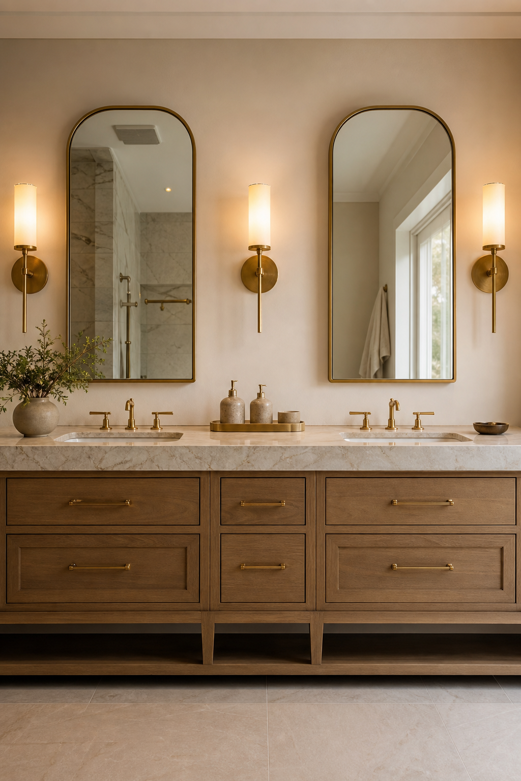 Layered vanity lighting around bathroom mirrors