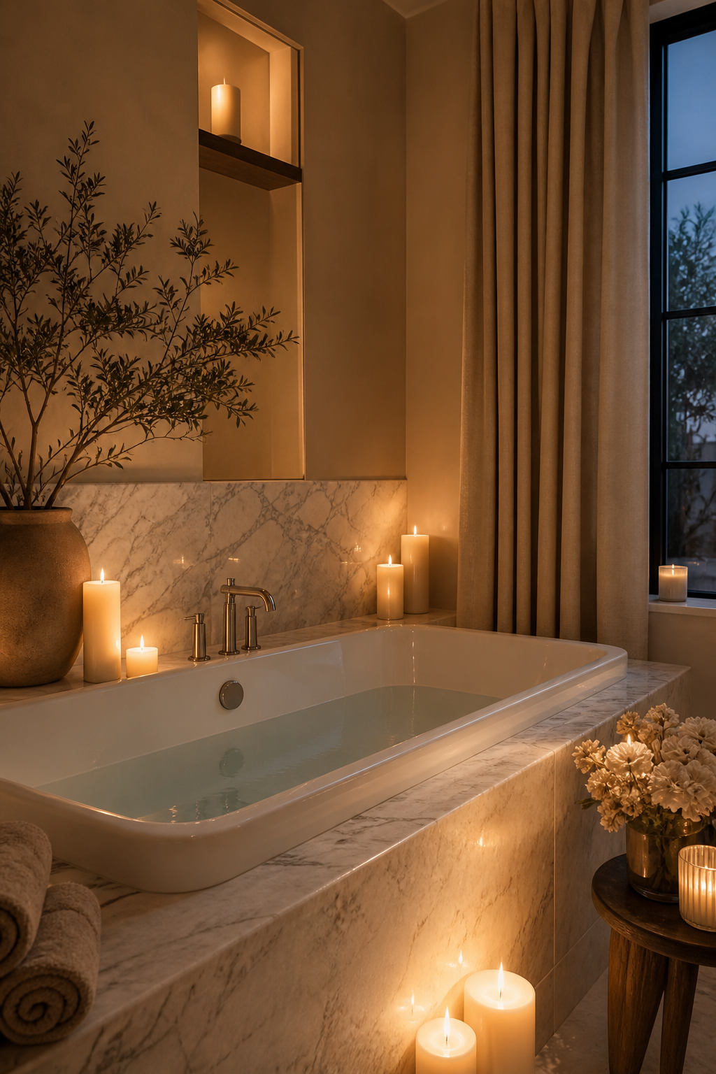 use candlelight around a soaking tub in a cozy spa-like bathroom