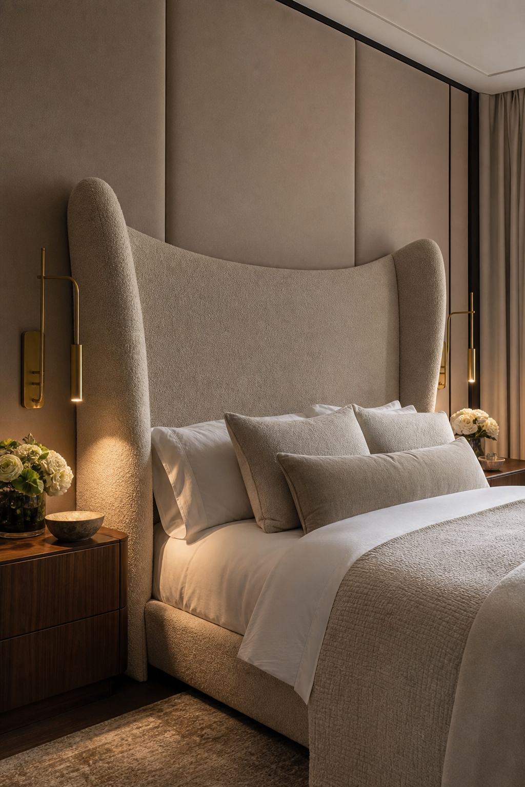 Cocooning upholstered headboard creating a cozy bedroom focal point