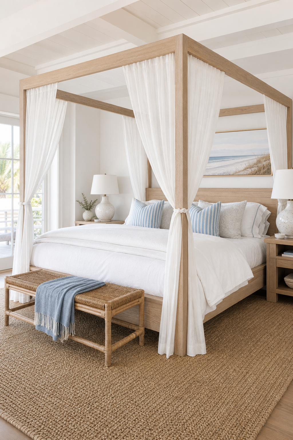 Coastal pale wood canopy bed with gauzy white curtains