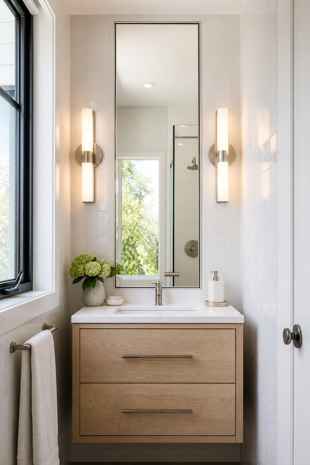 Tall recessed mirrored cabinet adding hidden storage in a tiny bathroom