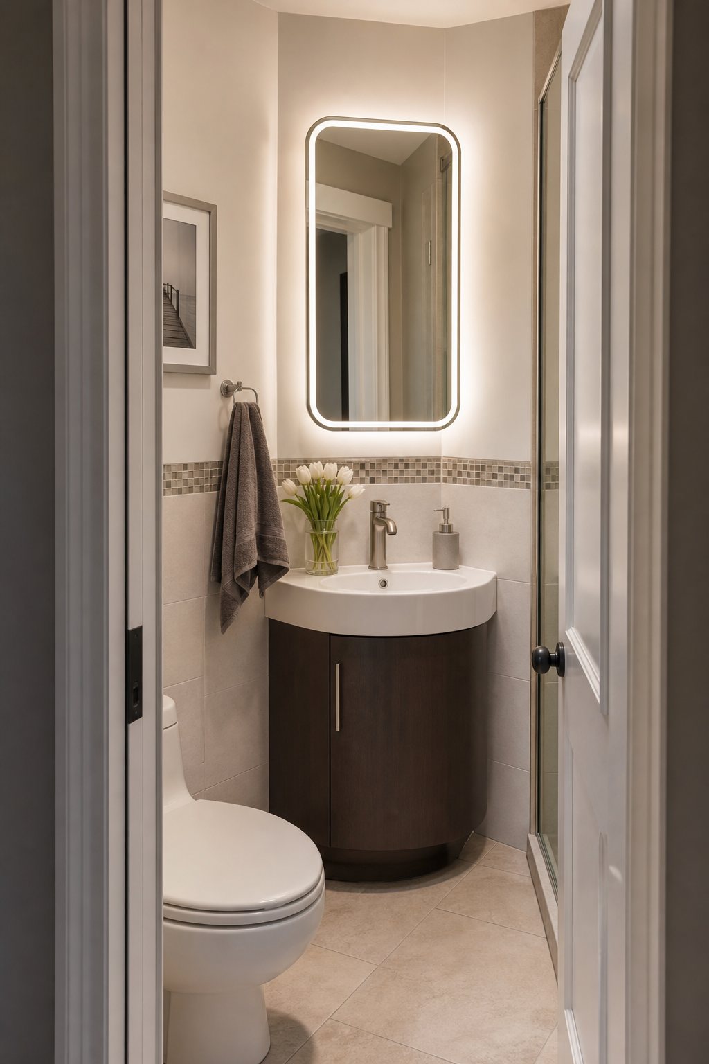 Small bathroom interior idea with choose a corner vanity for awkward plans