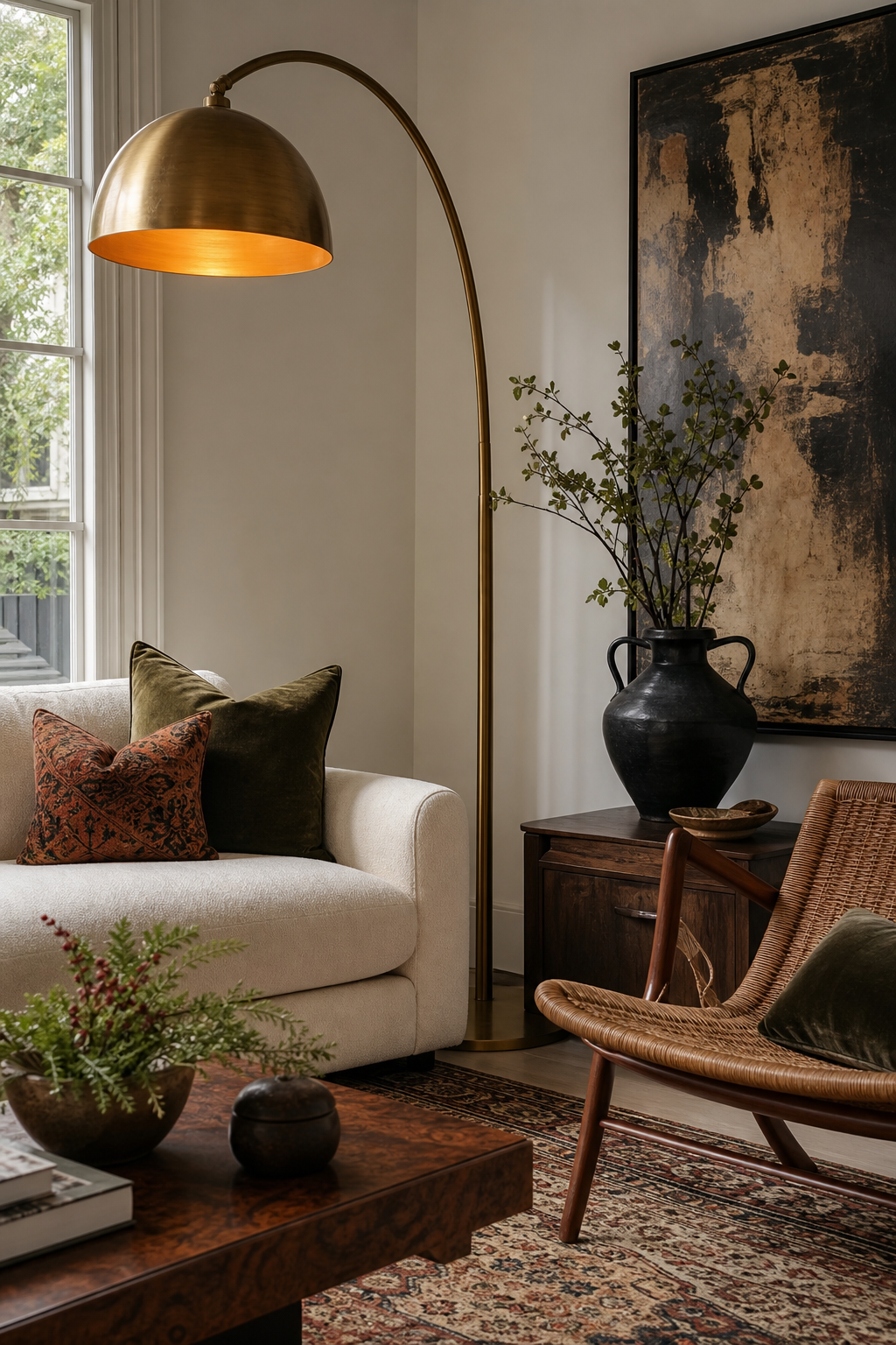 Dramatic brass floor lamp in an eclectic living room