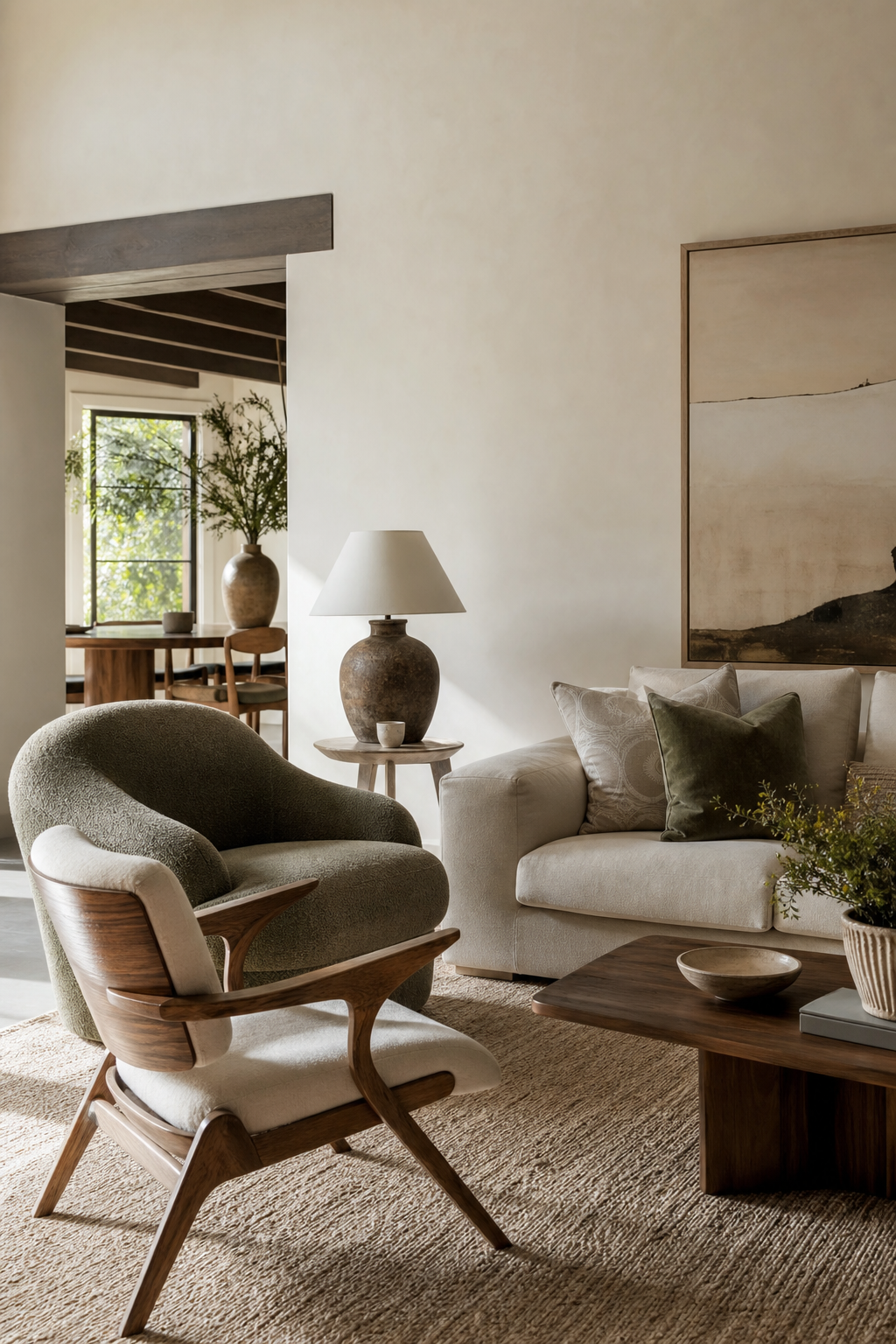 Cozy living room with sculptural chair and plush lounge chair
