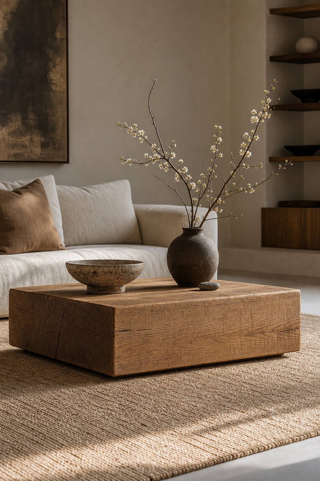 Japandi living room with low solid oak coffee table and simple ceramics