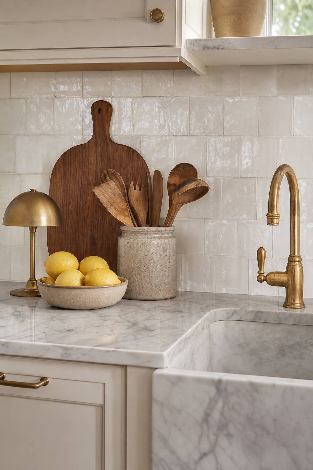 Luxury kitchen counter with marble, wood board, ceramic bowl, and small lamp