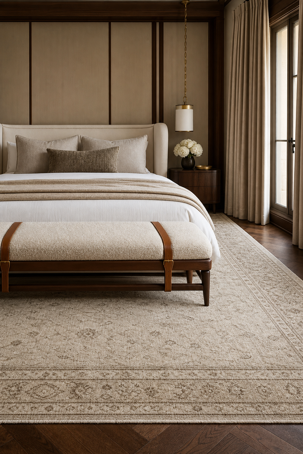 Luxury master bedroom with upholstered bench and oversized rug