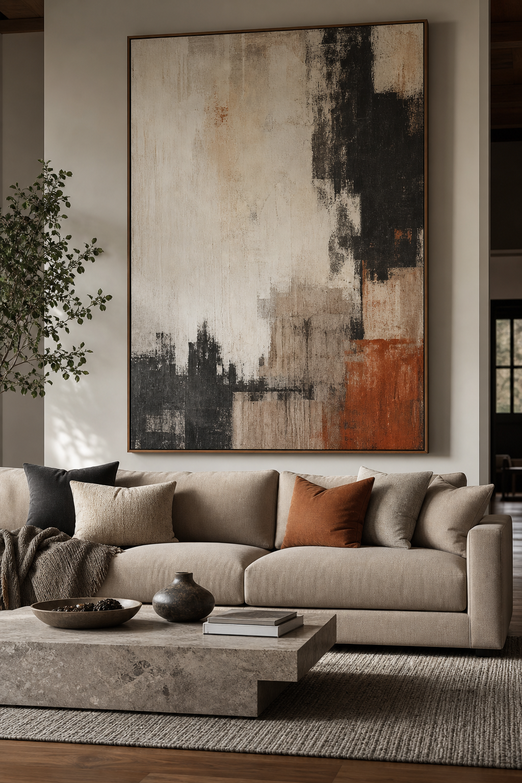 Contemporary living room with oversized abstract art above a tailored neutral sofa