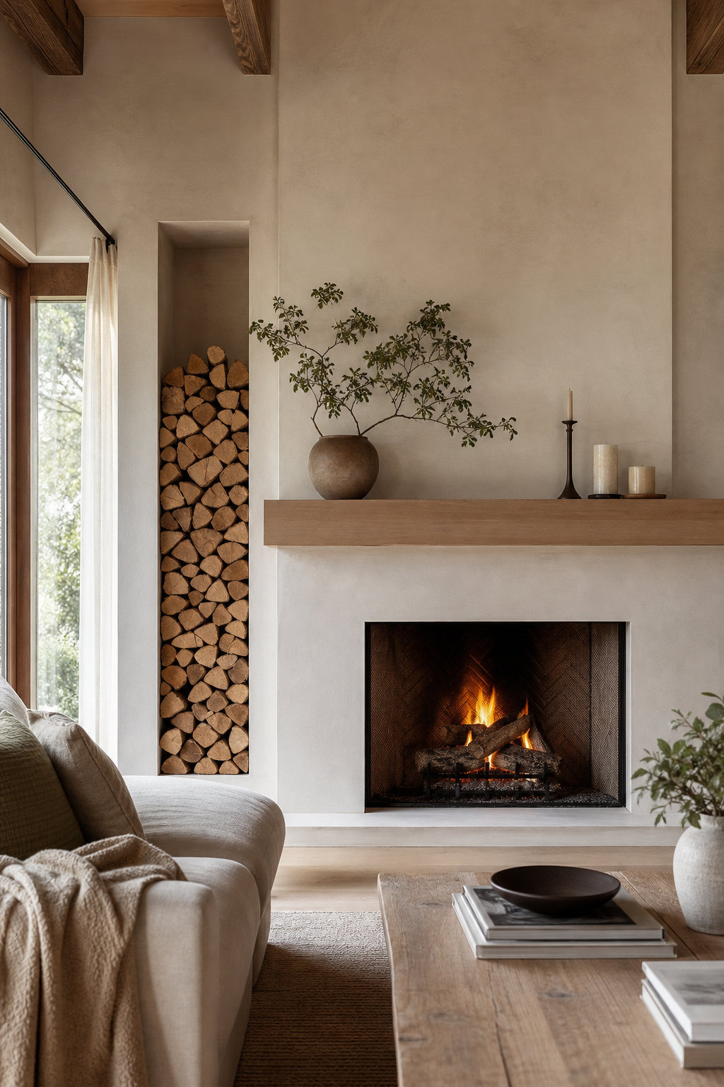 keep the fireplace wall quiet in a cozy minimalist living room