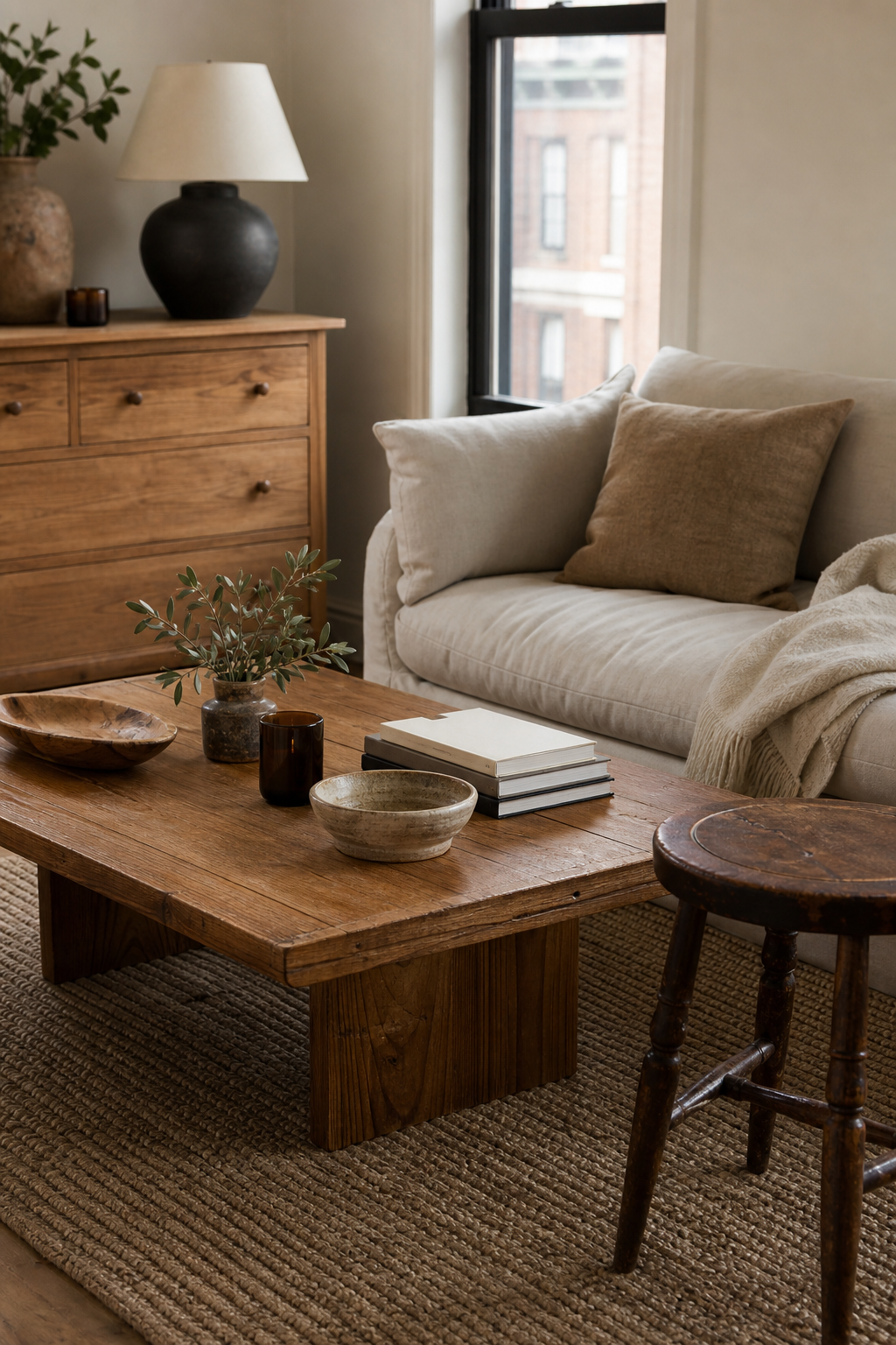 Warm apartment aesthetic idea with add wood pieces you can take with you