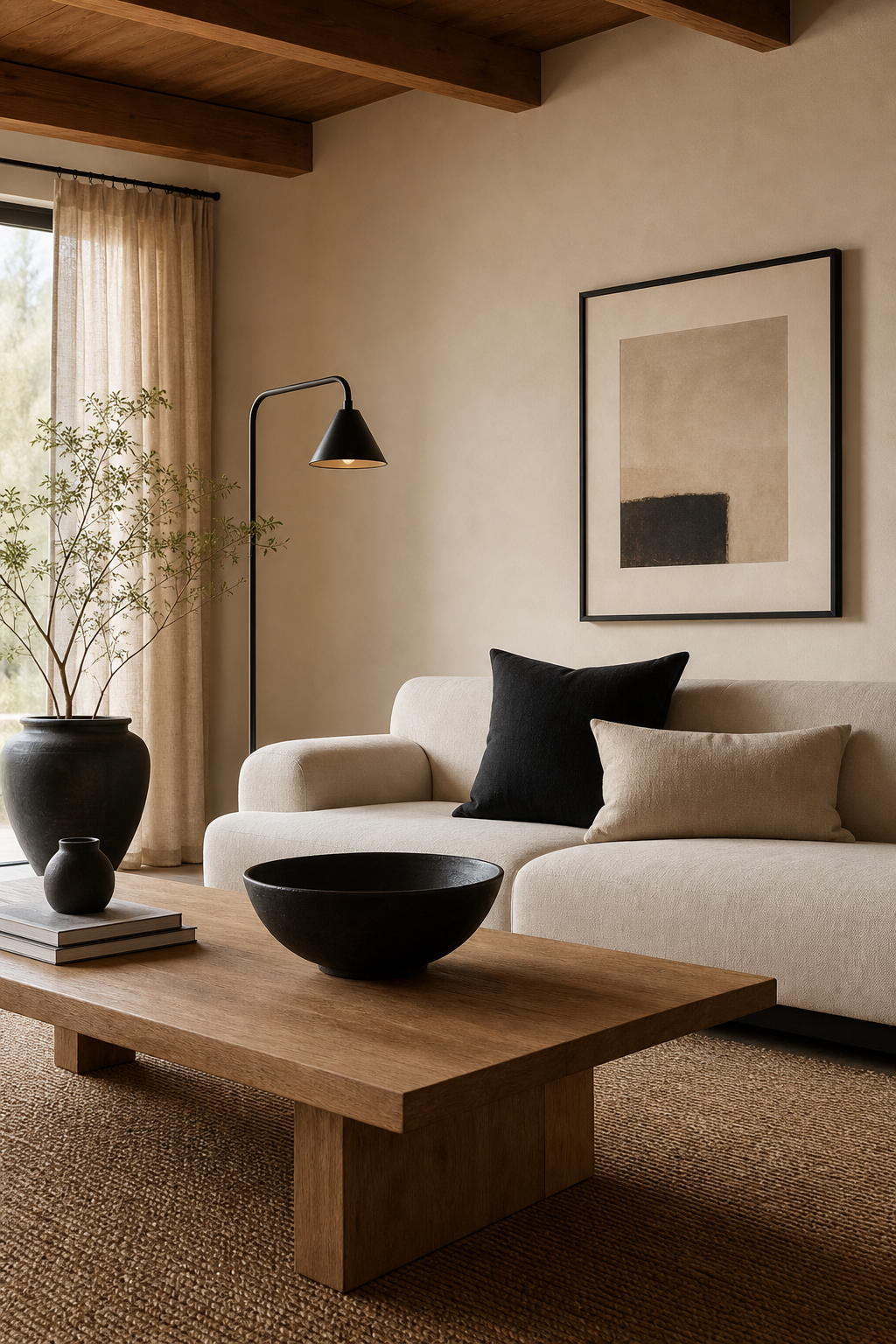 Japandi living room with restrained black accents
