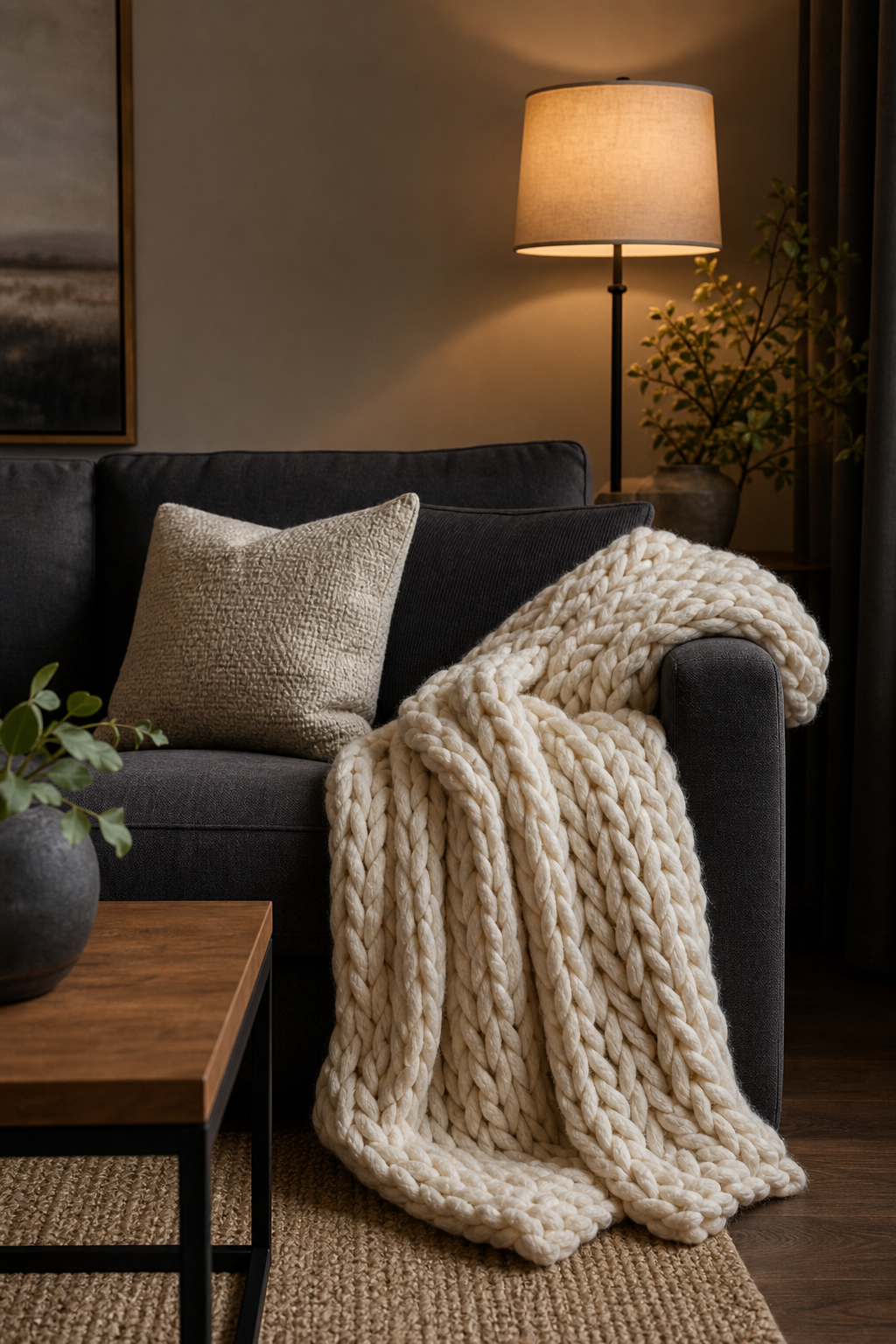 Dark grey couch styling idea with layer a chunky throw over one arm
