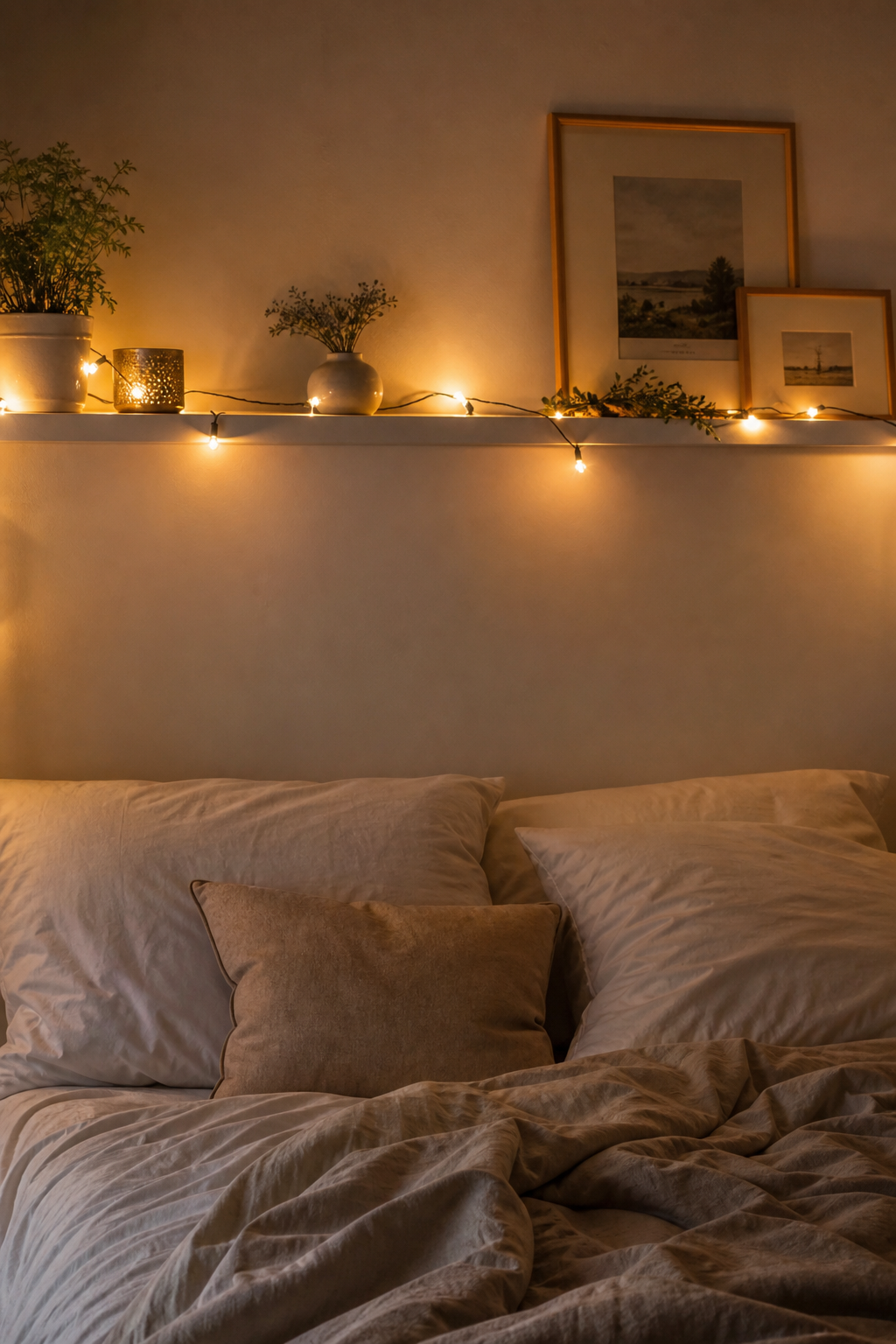 Warm string lights styled above a bed for cozy Pinterest room decor