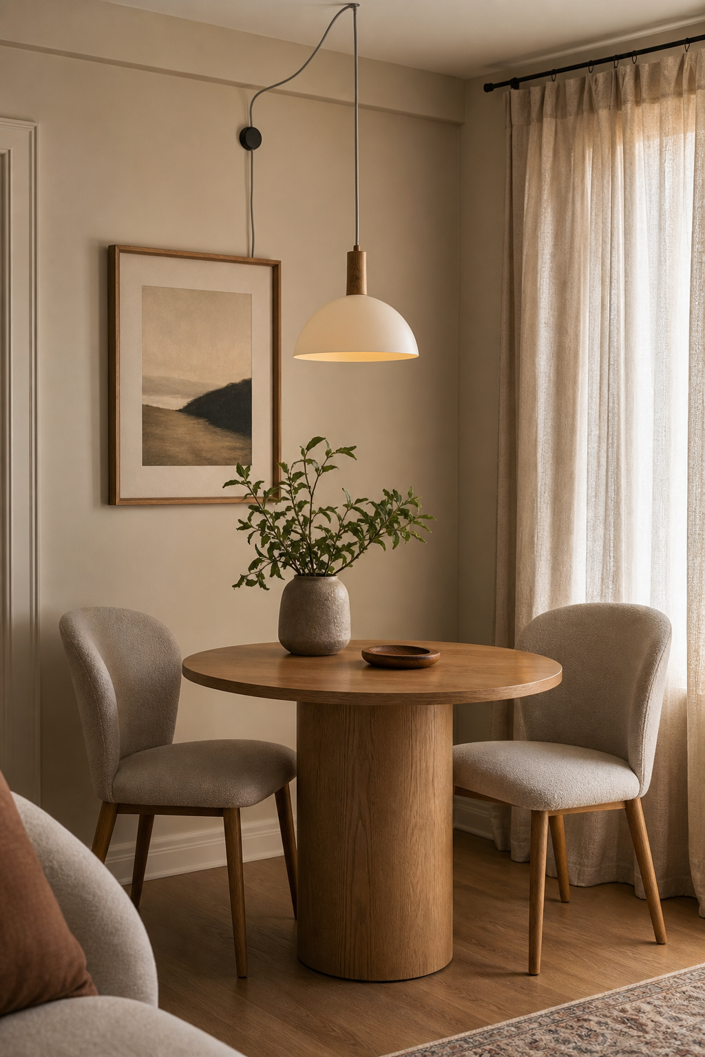 Small apartment dining corner with round table and plug-in pendant