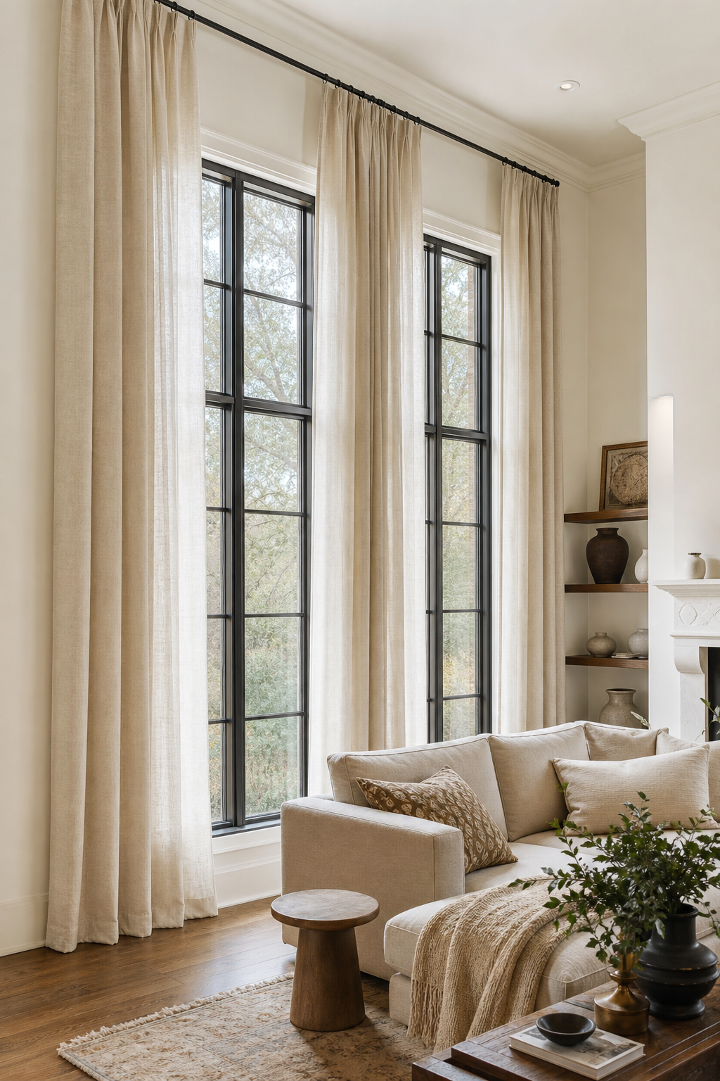Cozy living room with high-mounted linen drapery framing tall windows, neutral sofa, warm wood floors, designer details