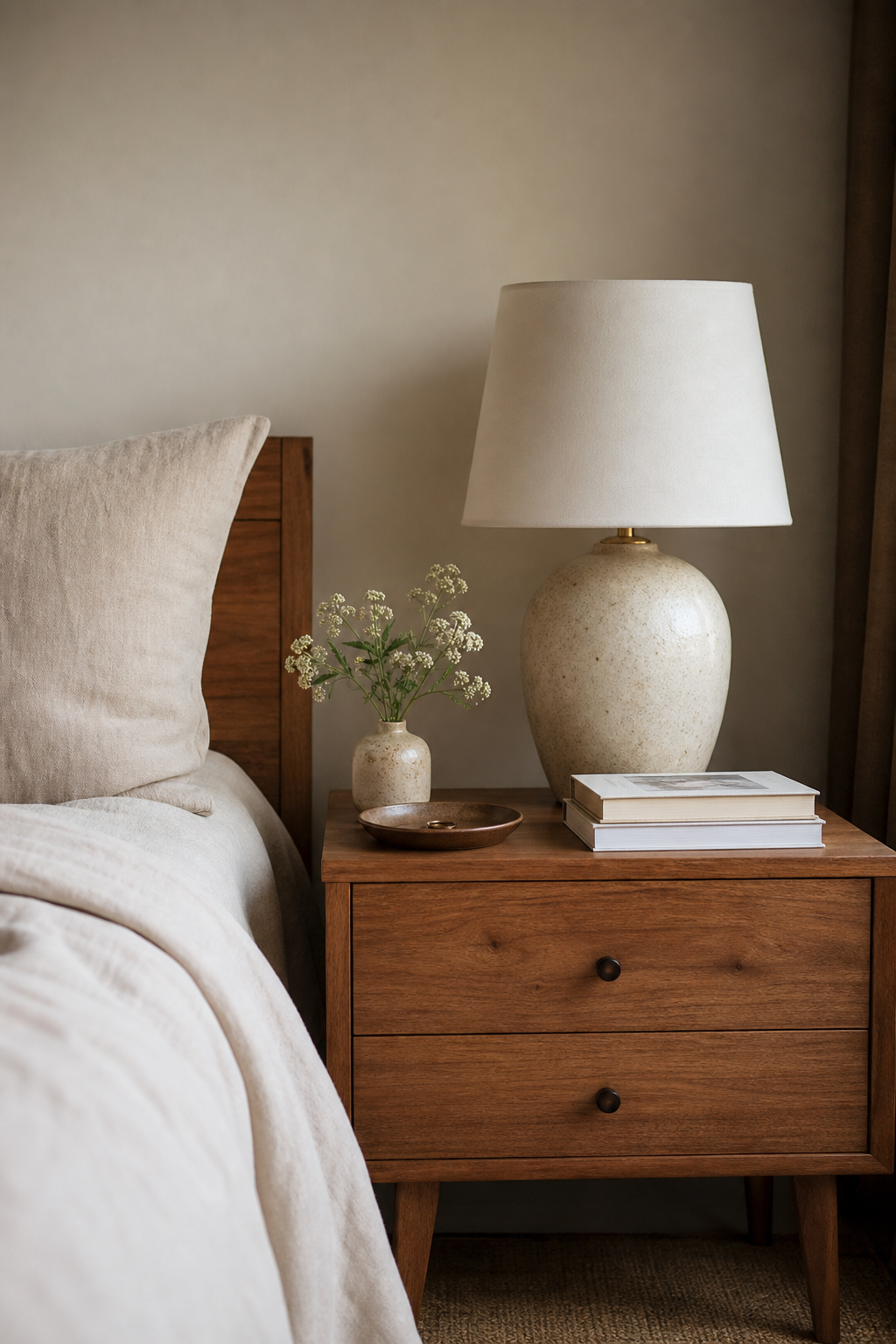 Cozy bedroom nightstand styled with lamp books and small vase