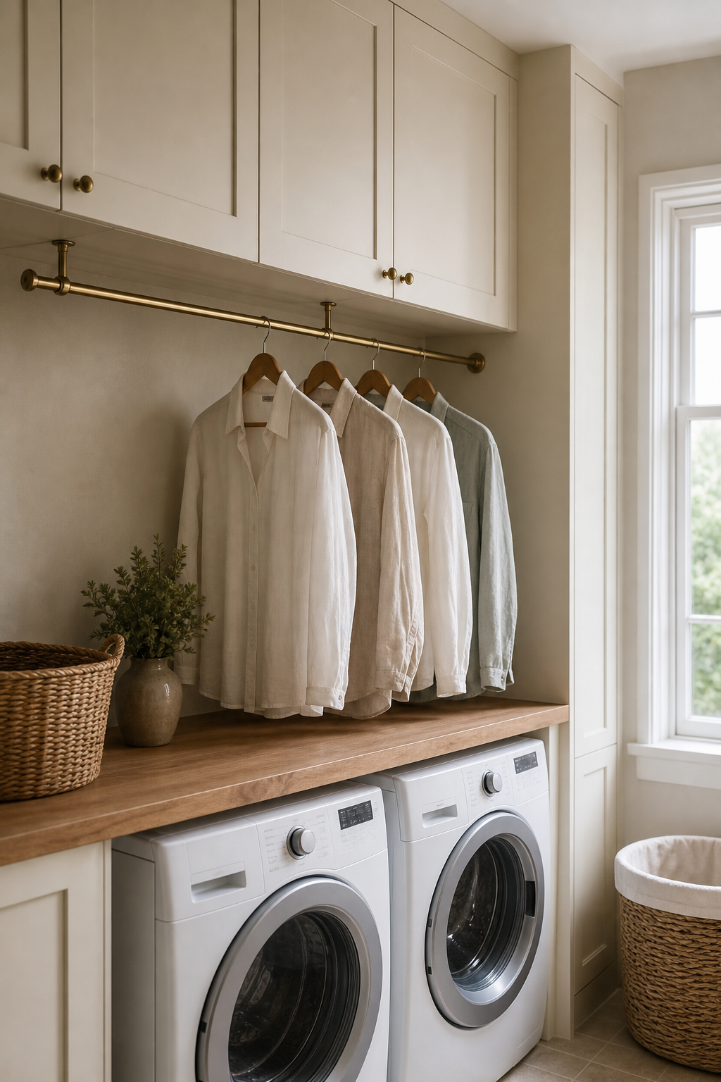 Laundry room with brass hanging rail for air drying