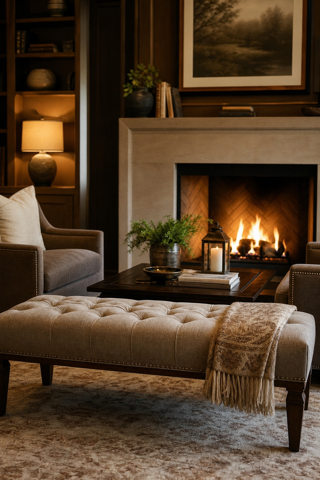 Place bench near the fireplace in a cozy designer conversation room