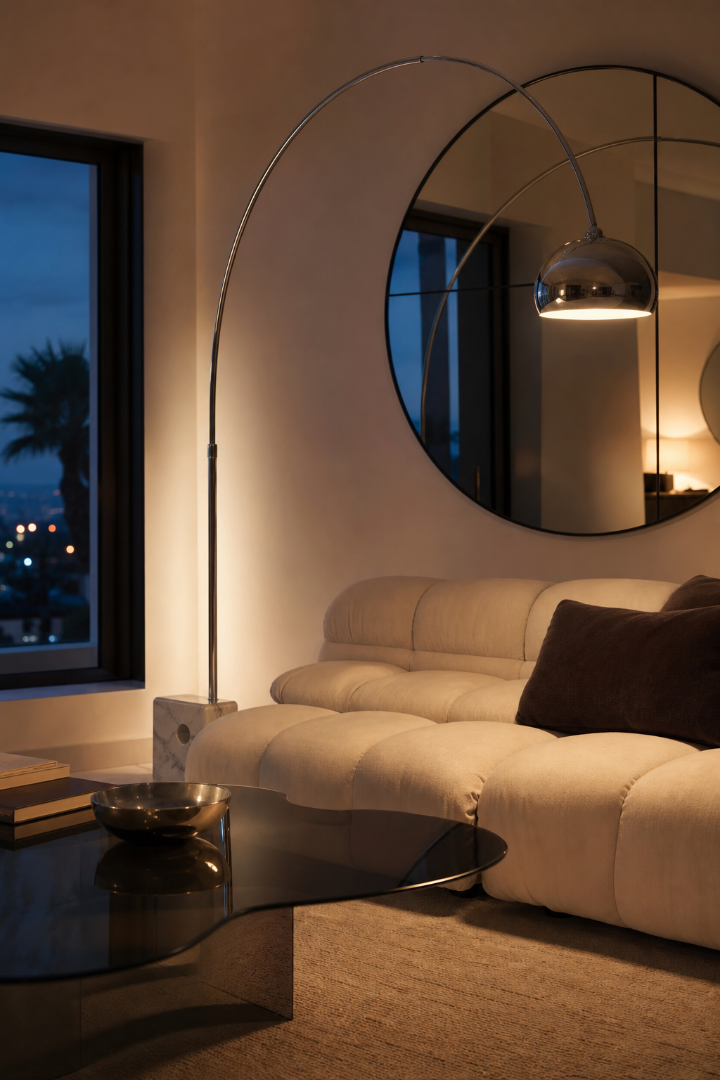 try a chrome floor lamp in a cozy Y2K living room
