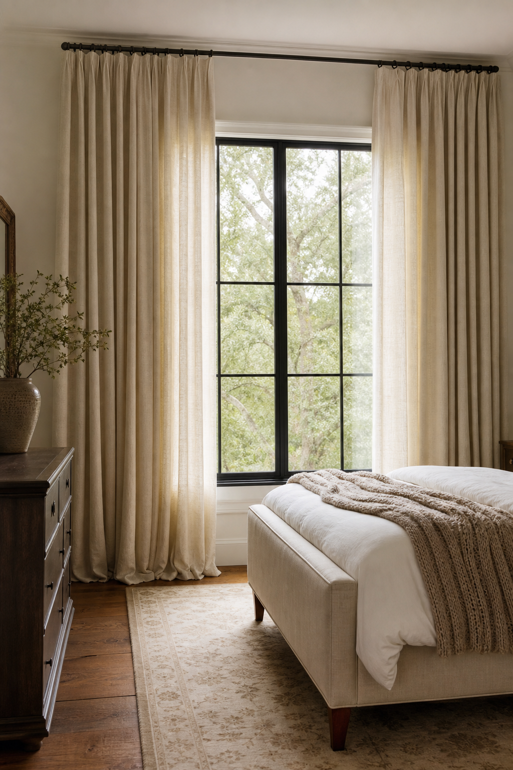 Full linen curtains hung high and wide in a simple cozy bedroom