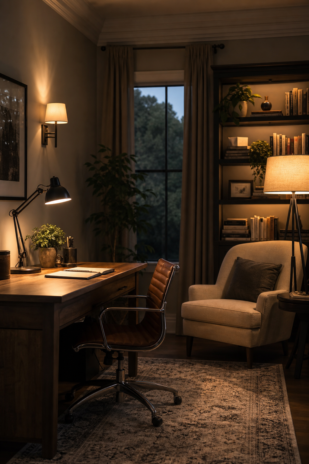 Home office with task lamp, wall sconce, floor lamp, warm layered lighting, wood desk, calm productive mood