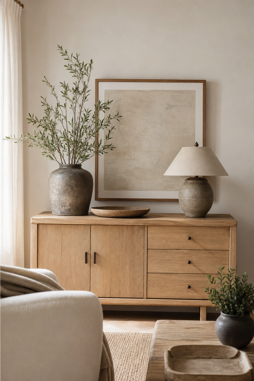 bring in natural wood accents for cozy room decor