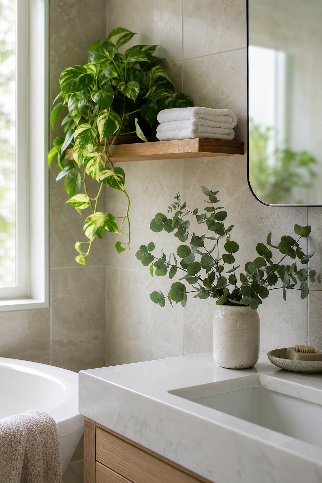Bathroom with pothos eucalyptus folded towels and spa decor