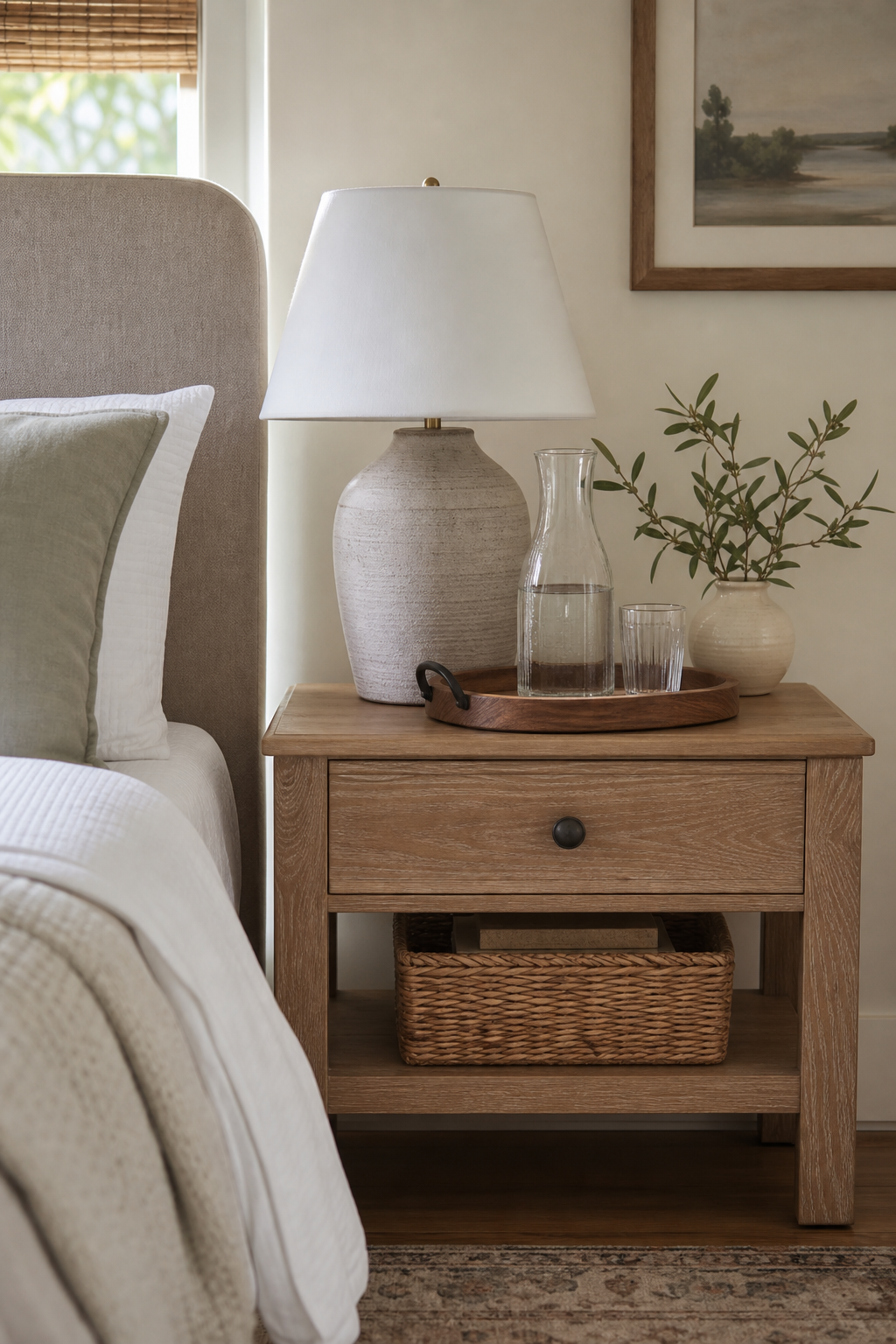 Guest bedroom nightstand with lamp, water carafe, tray, open surface, linen bed edge, calm styling