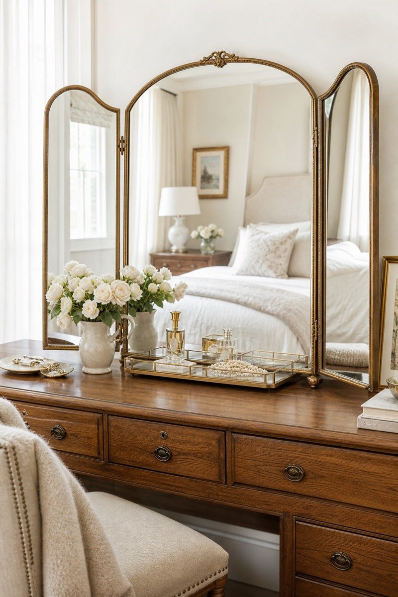 rattan wrapped mirror panels styled in a bright elevated room
