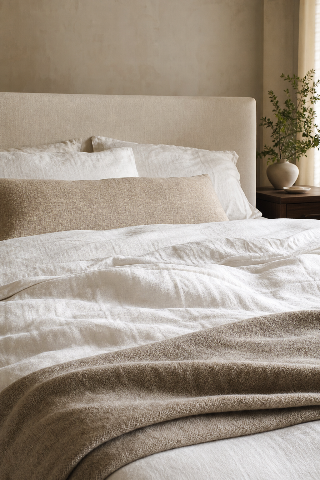 Relaxed minimalist bedding with ivory linen, oatmeal lumbar pillow, and wool throw