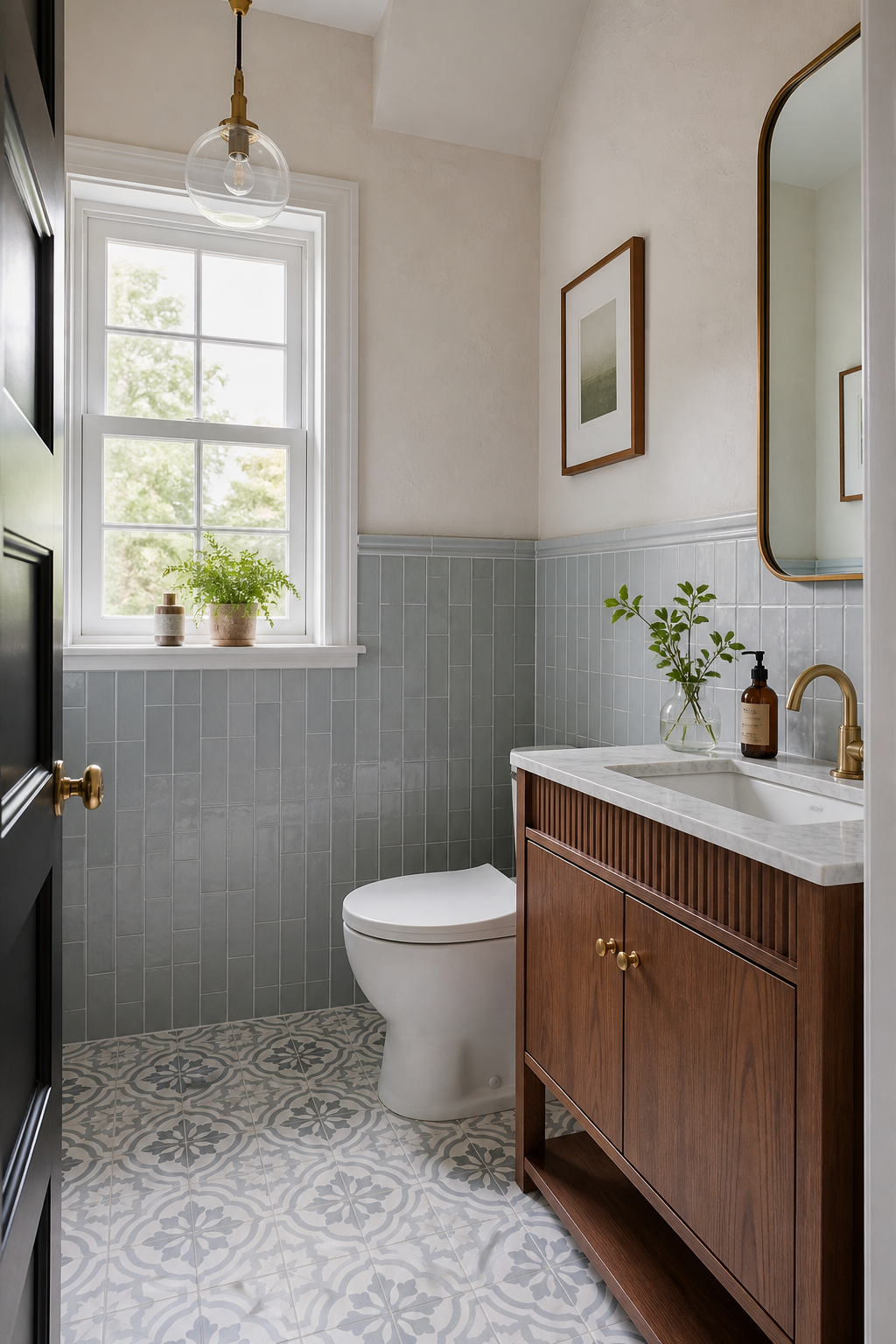 Powder room with tiled lower wall wainscot, patterned floor tile, petite vanity, and clean trim
