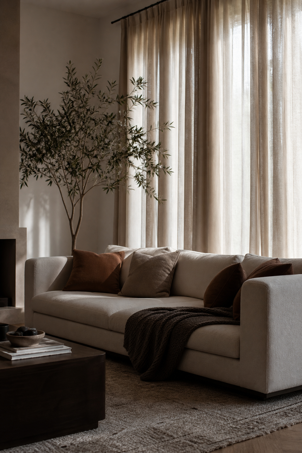 Use Curtains To Soften The Windows in a cozy designer living room