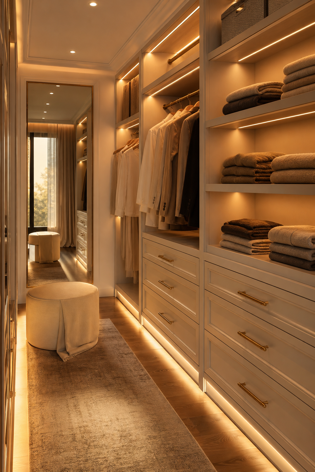 Dressing closet idea with choose warm lighting at every level