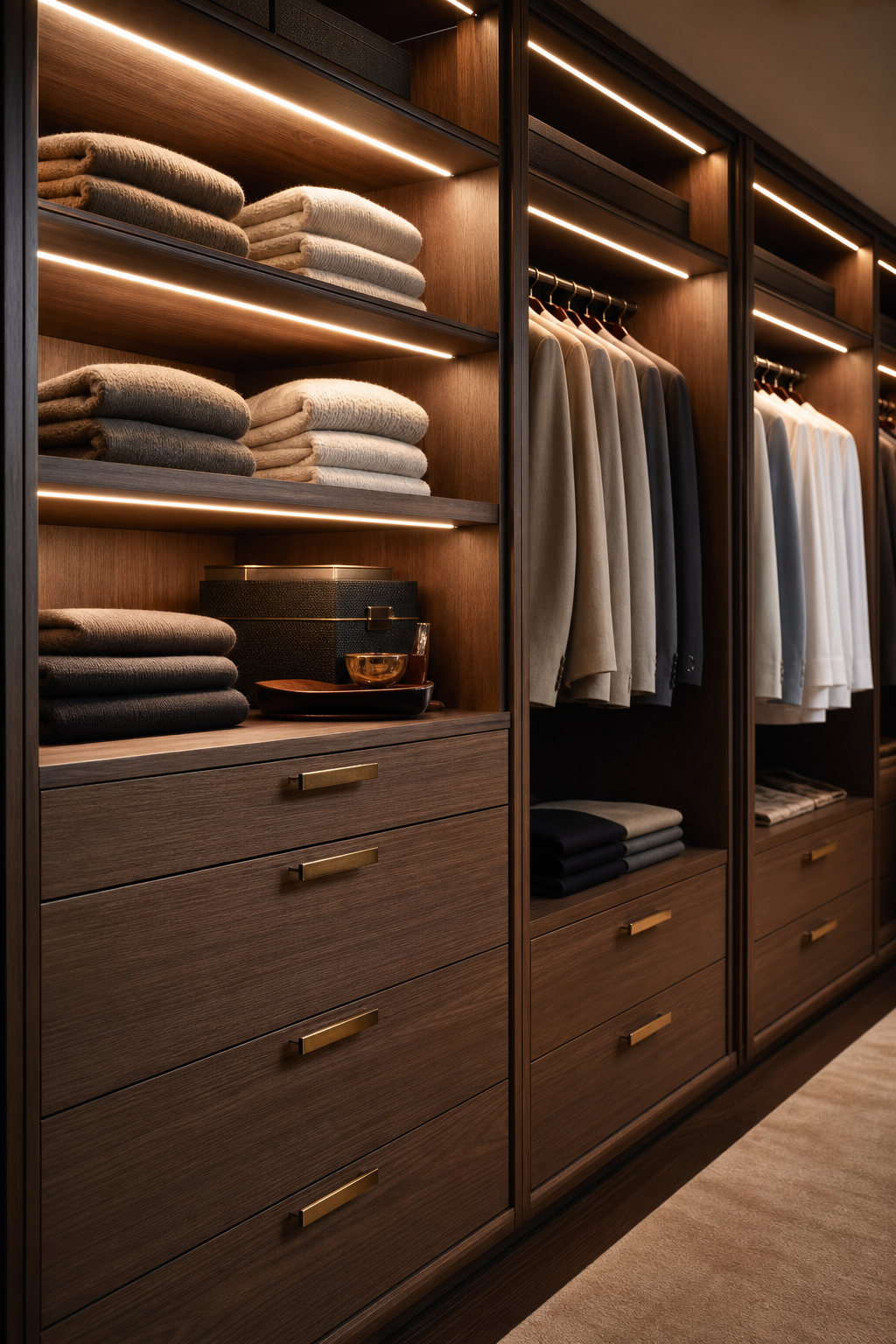 Moody Walnut Closet Aesthetic in a neat stylish closet
