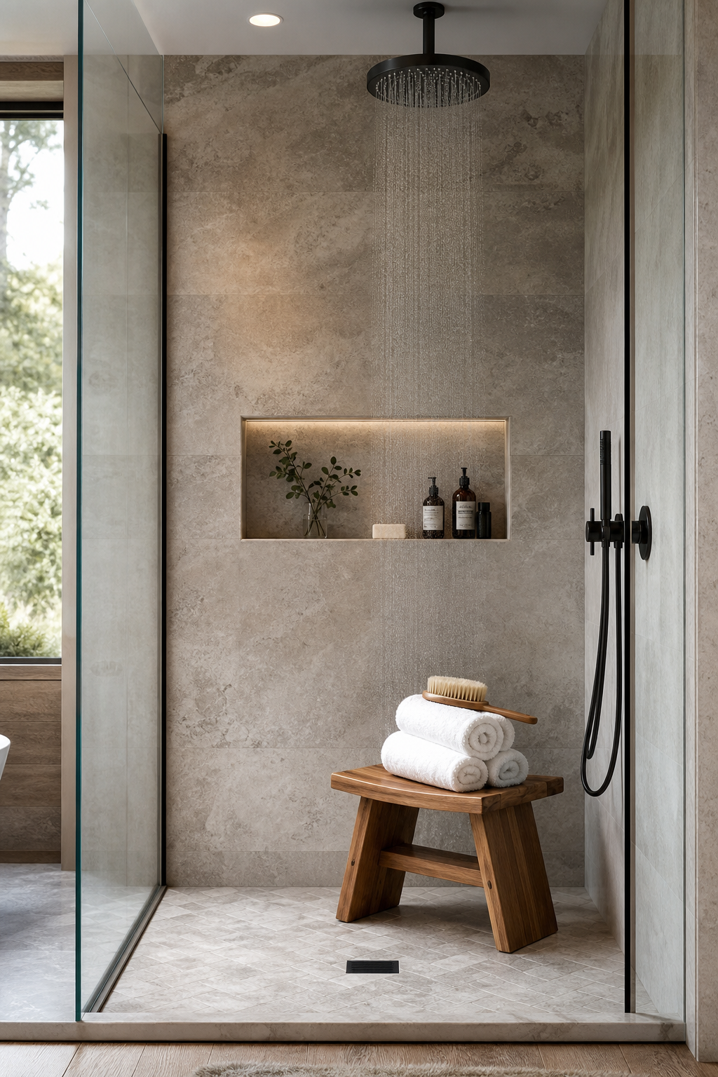 Bring in teak shower stool in a spa-like guest bathroom