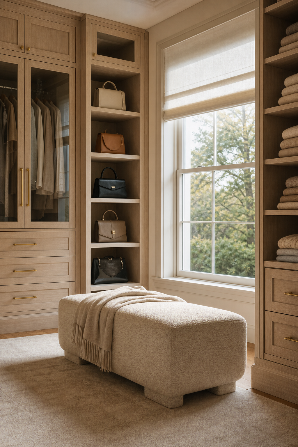Walk-in closet with cream bouclé dressing bench, pale wood wardrobes, and soft natural light