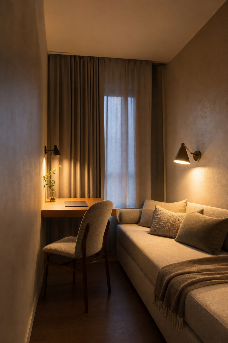 Small room makeover with wall-mounted lighting and clear compact surfaces