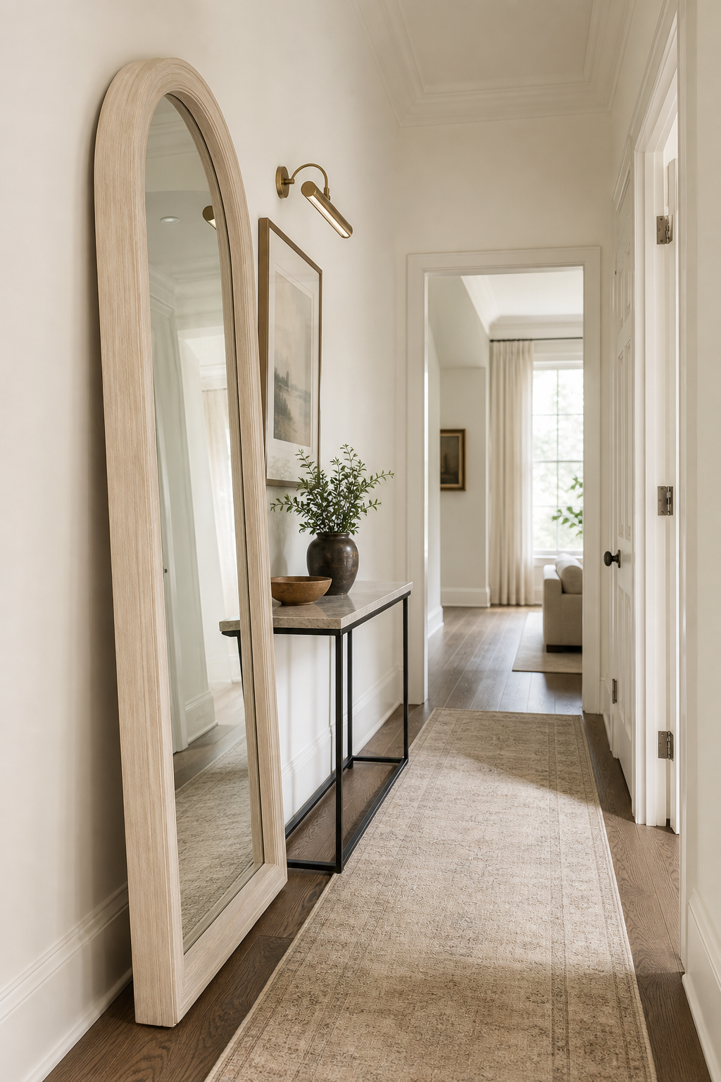 Pale framed standing mirror brightening a narrow hallway