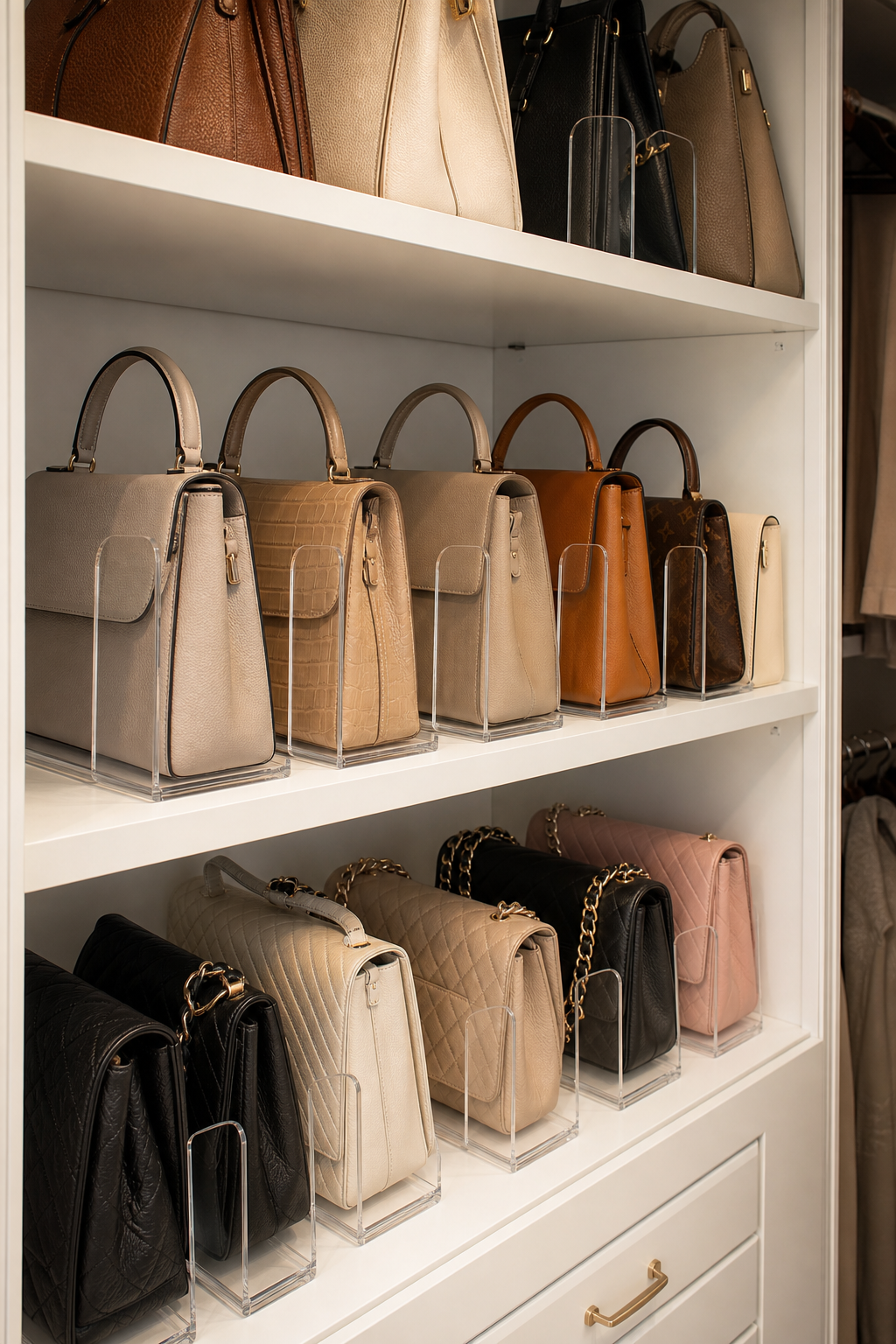Use Acrylic Shelf Dividers in a neat stylish handbag closet