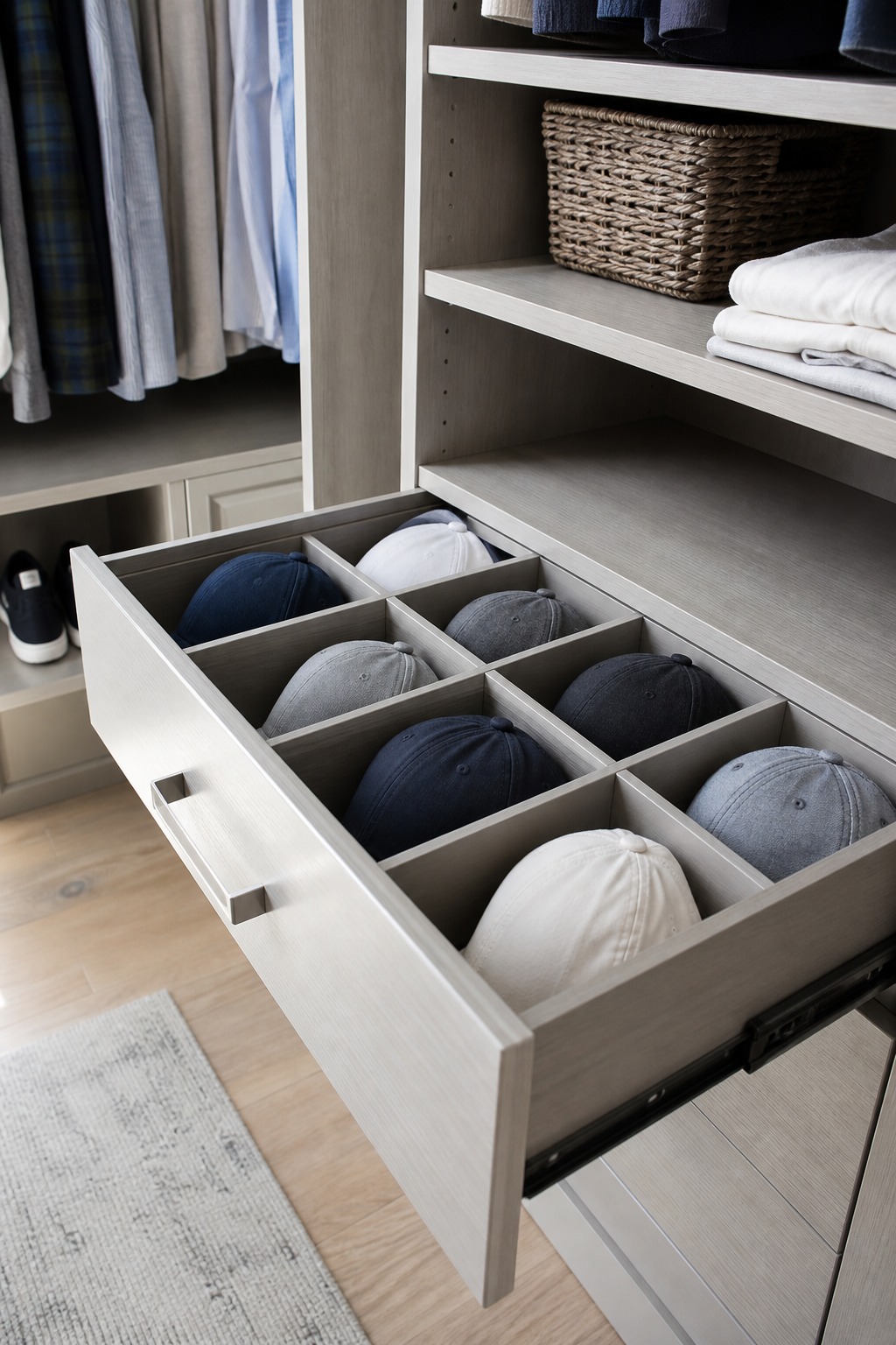 Store Caps In Drawer Dividers for neat stylish hat storage