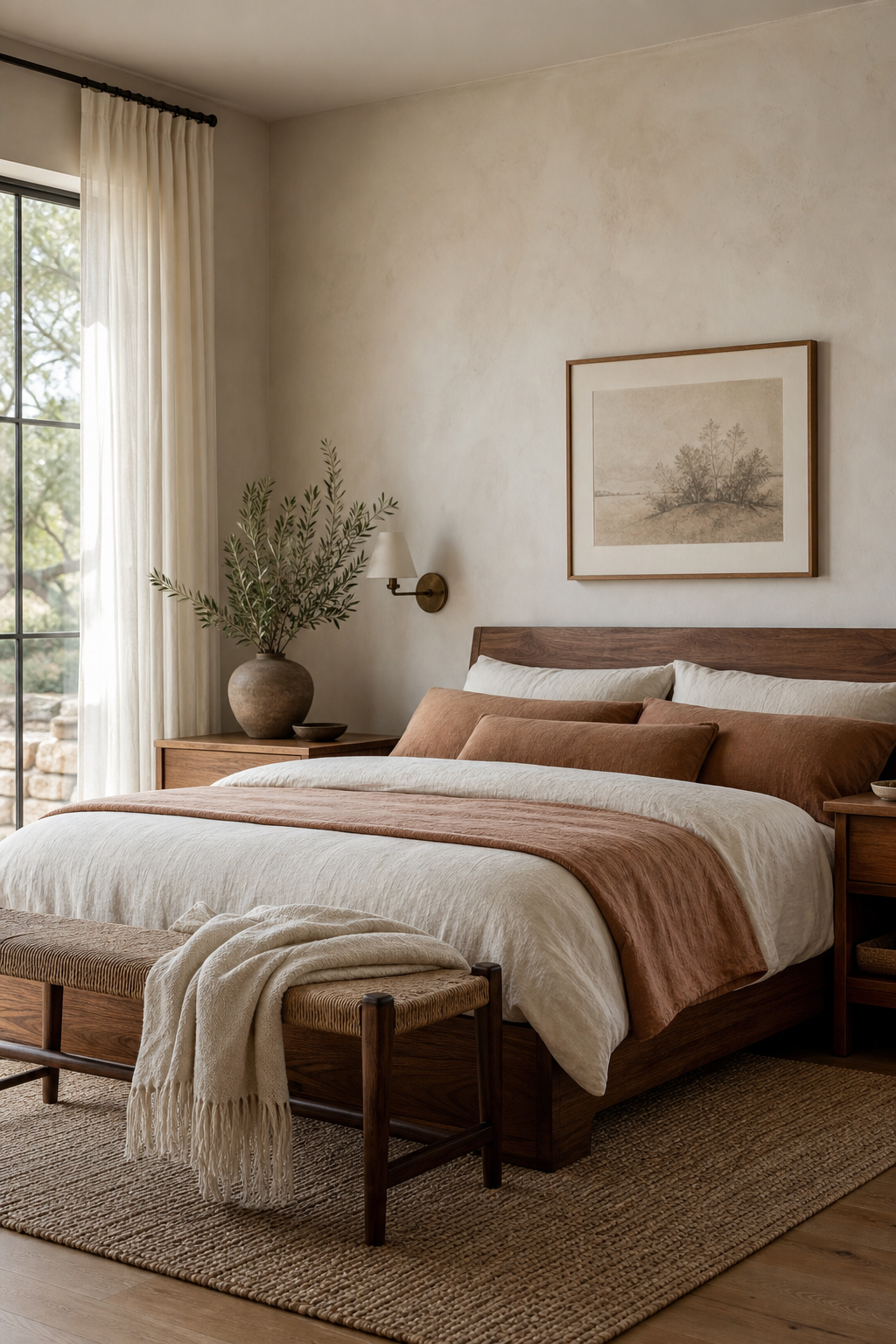 Cozy bedroom with walnut bed frame, oak nightstands, and layered linen bedding