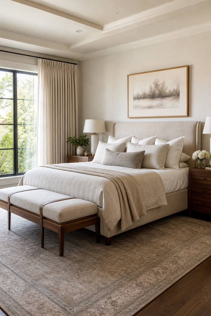 Tailored bedroom with upholstered bench at the foot of the bed