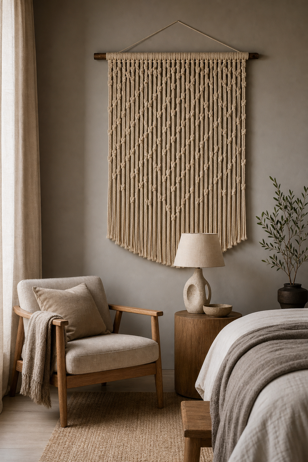 Clean lined macrame wall hanging in bedroom corner