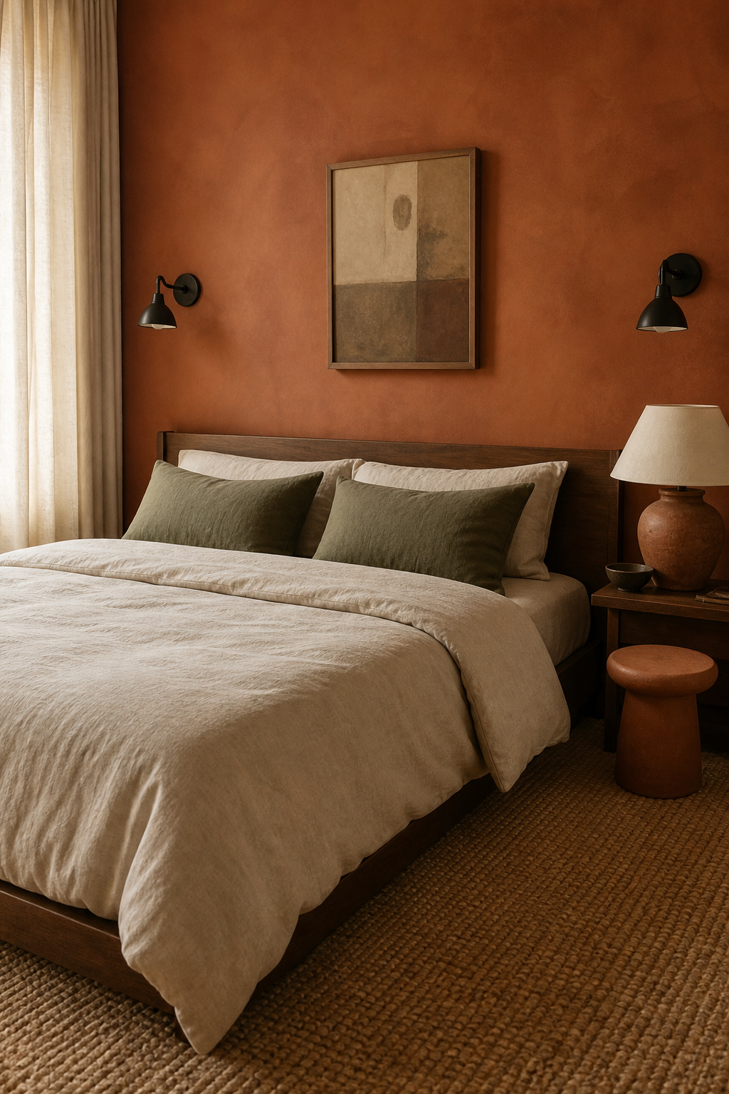 Warm terracotta bedroom with cream bedding and olive accents