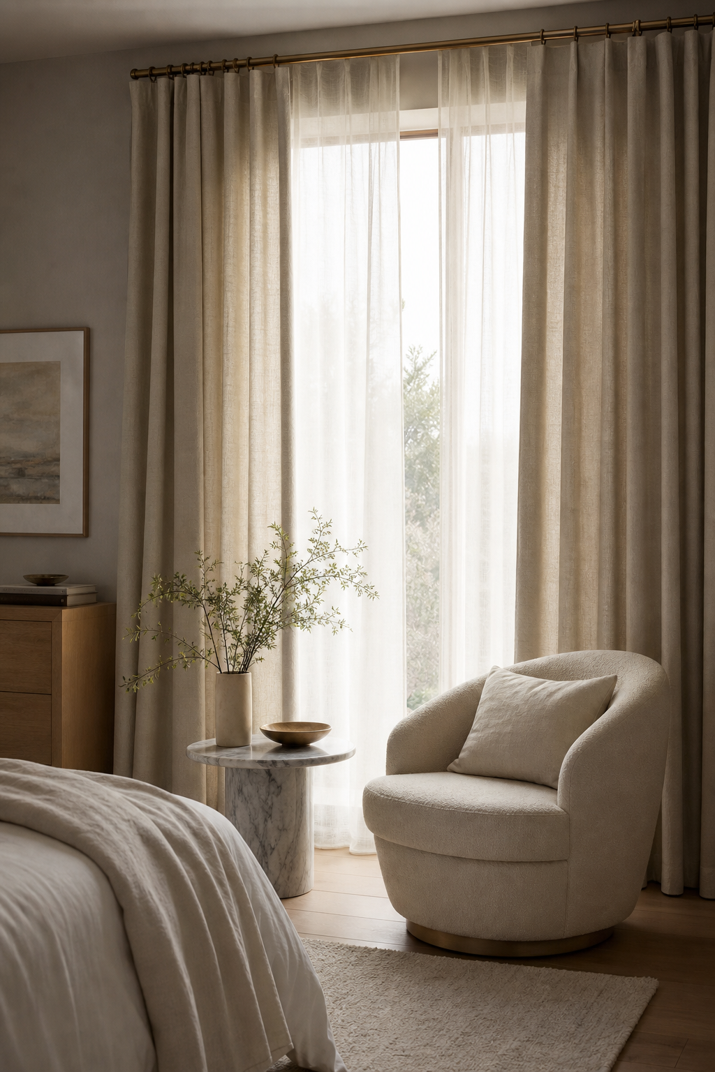 Aesthetic room with linen curtains and filtered natural light