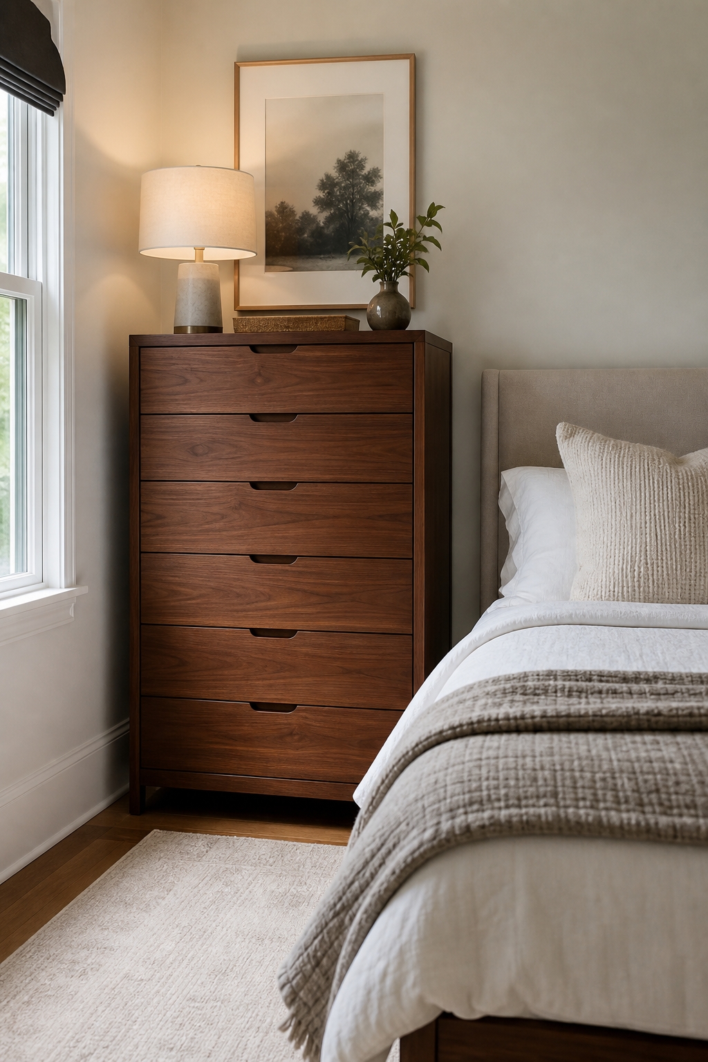 Small bedroom with elegant tall dresser used for vertical storage
