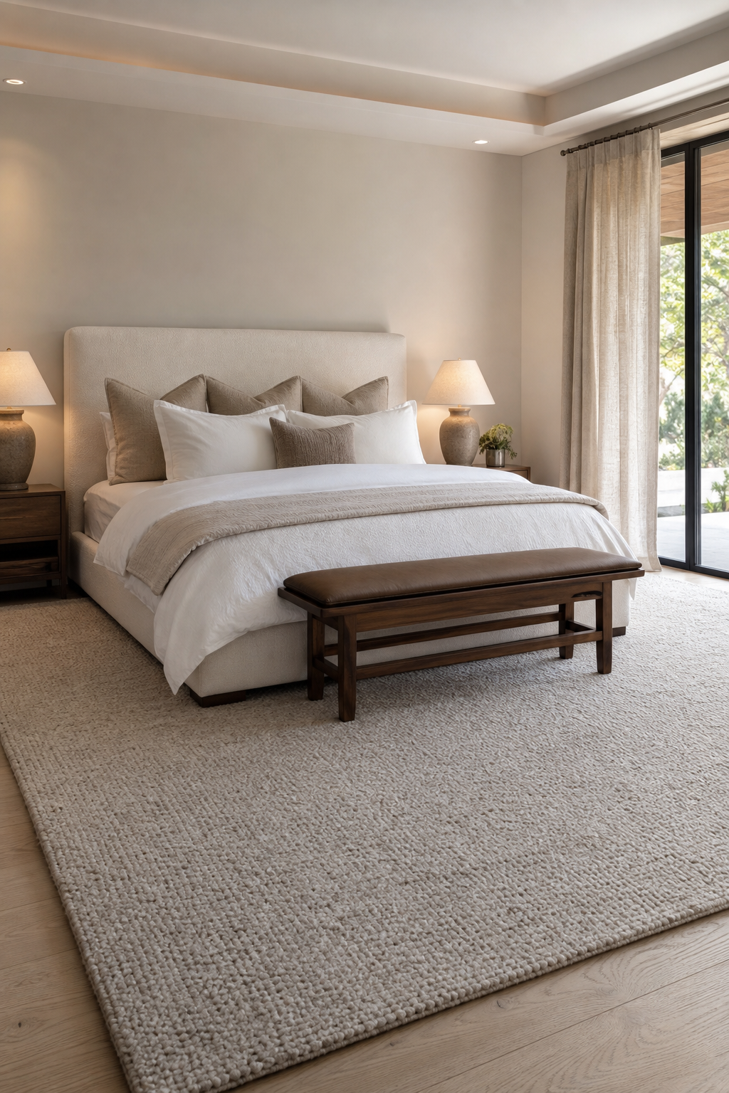 Luxury bedroom with a large wool rug anchoring the bed and soft neutral furnishings
